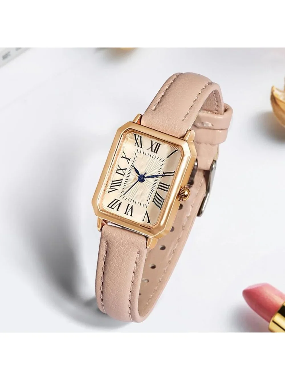 Women's Apricot Gold Leather Strap Elegant Dainty Vintage Rectangle Wrist Watch